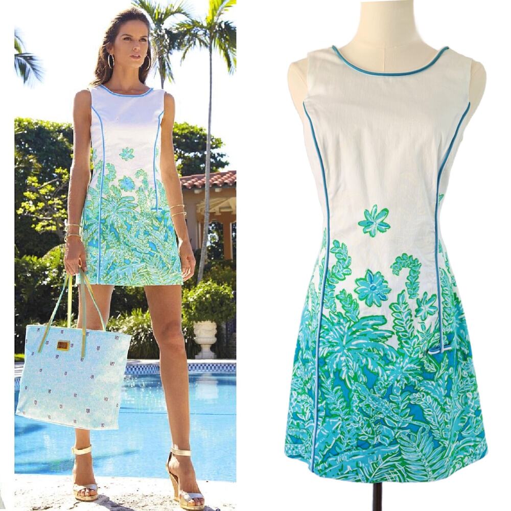 Lilly Pulitzer Carlow Shift Mini Dress Size 6 Resort White Palm Party Blue - Picture 1 of 12
